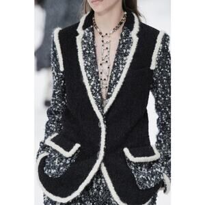 Chanel Black White Cream Trim Tweed Logo Button Front Jacket Womens 36 / US 4